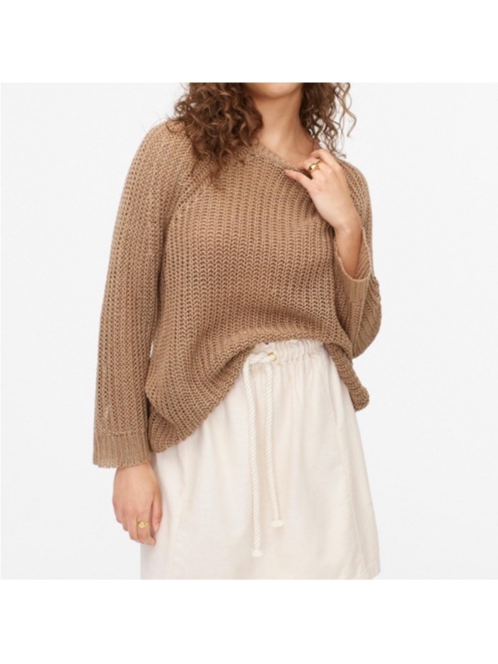 J. Crew 100% Linen Camel Tan Long Sleeve Scoop Neck Open Knit Holed Sweater